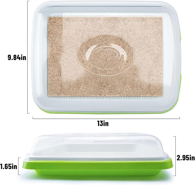 Seed Sprouter Tray with Drain Holes,Seed Germination Tray Kit BPA Free Nursery Tray,Soil-Free Big Capacity Healthy Wheatgrass Grower Sprouting Container (4 Pack with lid &mat -Light Green)