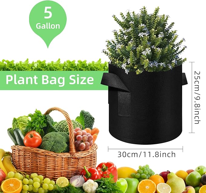 5 Gallon Garden Grow Bags, 60 Pack 5 Gal Planter Fabric Pot, Nonwoven Grow Bags Heavy Duty Aeration Fabric Pots with Handles, Garden Planters for Vegetables Flowers (5 Gal)