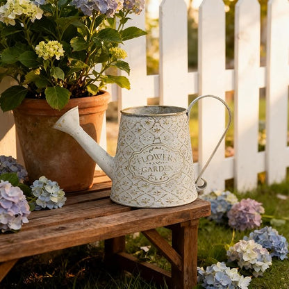 Vintage White Metal Flower & Garden Watering Can, Rustic Farmhouse Decorative Watering Pot Planter for Home Patio Backyard Outdoor Plant Care