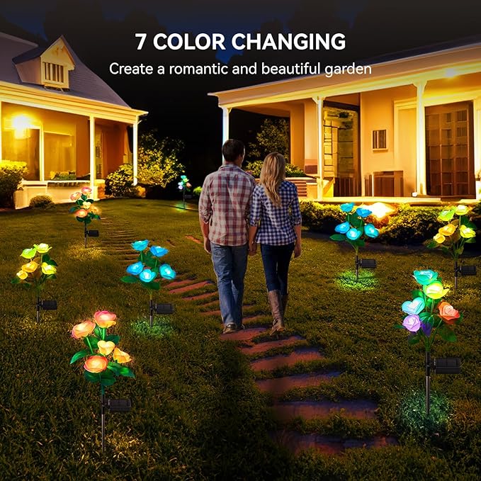 Solar Garden Lights Outdoor, 4 Pack Solar Light Outdoor with 20 Rose Flowers, Waterproof 7 Color Changing Solar Powered Flowers Lights for Outside Patio Yard Pathway