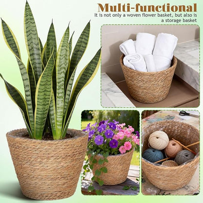 Healifty Straw Woven Plant Basket 2PCS Rattan Flower Basket Indoor with Plastic Liner Natural Stylish for Rustic Boho Home Farmhouse Floor Potted Pots Decor