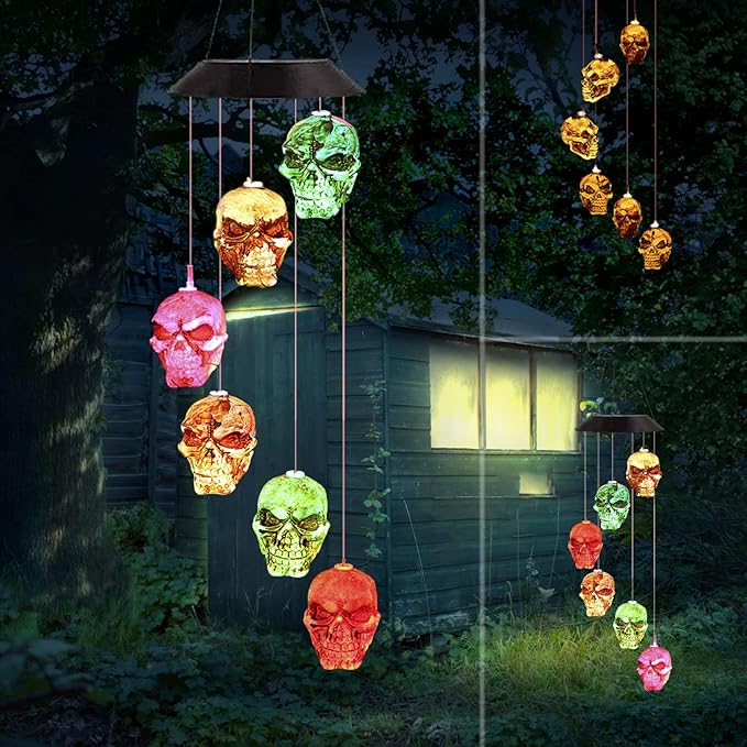 Skull Solar Wind Chimes Lights for Outside Gifts for Grandma Mom Skull Decorations Color Changing Decor LED Windchimes, Skull Gift for Birthdays, Theme Parties, Haunted House Party