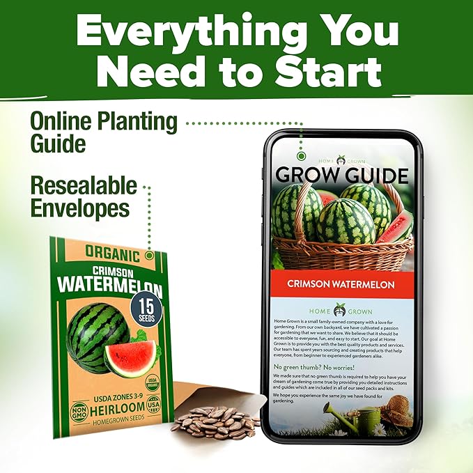 HOME GROWN Non GMO Organic Watermelon Vegetable Seeds (Crimson Sweet) 15 Non-GMO, Heirloom Water Melon (7g) for Planting in Home Gardens or Beds Outdoors Citrullus lanatus