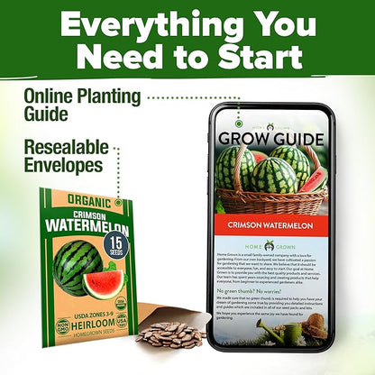HOME GROWN Non GMO Organic Watermelon Vegetable Seeds (Crimson Sweet) 15 Non-GMO, Heirloom Water Melon (7g) for Planting in Home Gardens or Beds Outdoors Citrullus lanatus