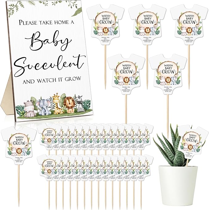 Newcotte Baby Shower Party Favors Succulent Tags Include 1 Piece Wooden Table Sign 50 Sets Succulent Plant Marker Succulent Favors Baby Shower Decoration(Animal)