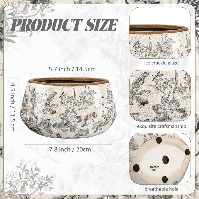 7.8 Inch Large Vintage Ceramic Planter Ice Crack Glaze Gray Lily Floral Flower Pot with Drainage Hole Rustic Decorative Plant Pots Gifts for Home Kitchen Office Indoor Outdoor Plants