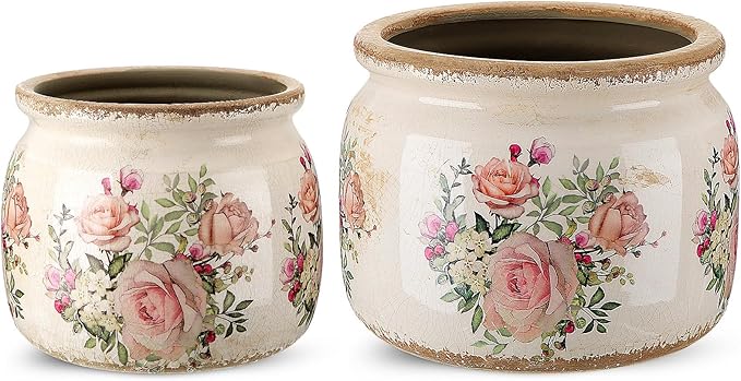 2 Pcs 7.7" & 5.9" Large Ceramic Plant Pot Beige Pink Rustic Rose Crackle Glaze Rustic Flowers Pot Decorative Planter with Drainage for Indoor Outdoor Plants Home Kitchen Office Decor Gift