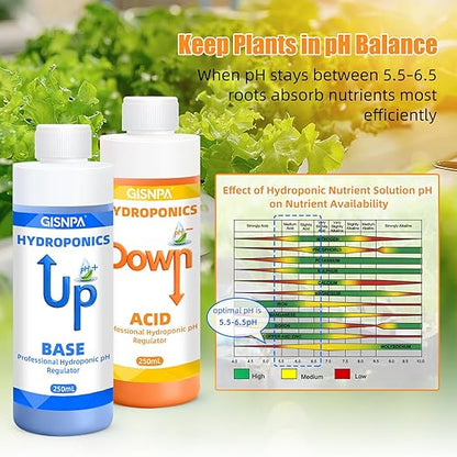 pH Down & pH Up for Hydroponics, pH Control Kit for Hydroponic Nutrients – 250ml pH Down and 250ml(8.45oz/250ml Each) pH Up with 2×50ml Beakers for Nutrient Water pH Adjustment