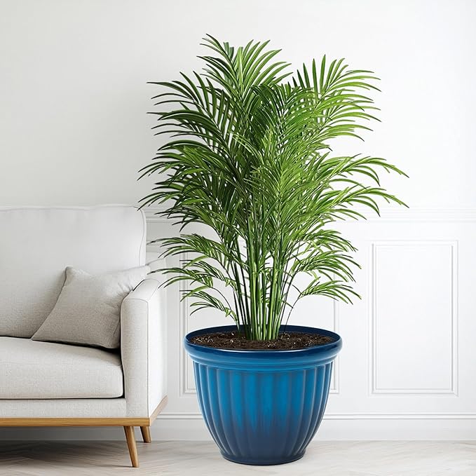15" Large Flower Pots, Set of 2 Plastic Planters for Outdoor Indoor Plants with 3D Textures, Weather-Resistant for Porch, Garden, Patio or Indoor Use, Gradient Cobalt Blue