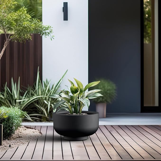 Kante 13.8 Inch Dia Concrete Bowl Planter, Large Tapered Bottom Plant Pot with Drainage, Smooth Black Finish with Painted Interior, Ideal for Porch, Home, Garden, Patio