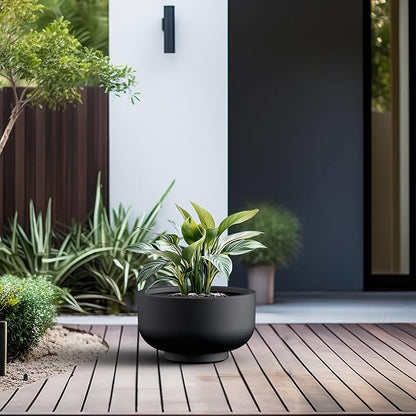 Kante 13.8 Inch Dia Concrete Bowl Planter, Large Tapered Bottom Plant Pot with Drainage, Smooth Black Finish with Painted Interior, Ideal for Porch, Home, Garden, Patio