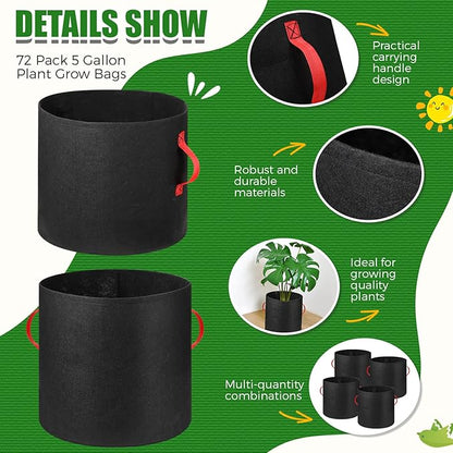 72 Pack 5 Gallon Plant Grow Bags Fabric Pots Bulk Aeration Heavy Duty Nonwoven Fabric Plant Pots with Handles Thick Vegetable Grow Nursery Buckets for Gardening Plants Flowers Fruits Vegetables Potato