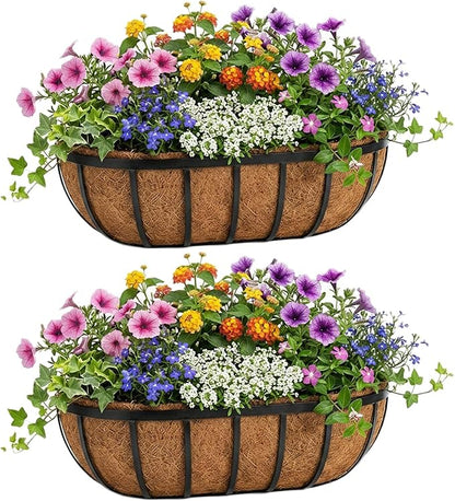 24 Inch Railing Planter Boxes 2 Pack Metal Window Box Planters with Coco Coir Liners, Horse Trough Planter with Adjustable Brackets for Deck Balcony Fence Porch Patio Outdoor Garden