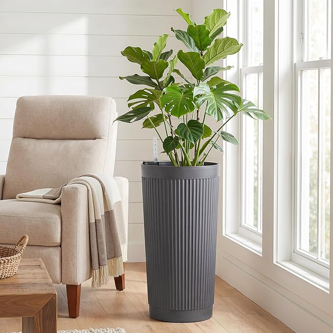 Set of 2 Tall Self-Watering Planters, 24" Large Planters with Water Level Indicator for Indoor & Outdoor Plants, Modern Planters for Garden, Patio, Balcony, Porch, Cement Gray