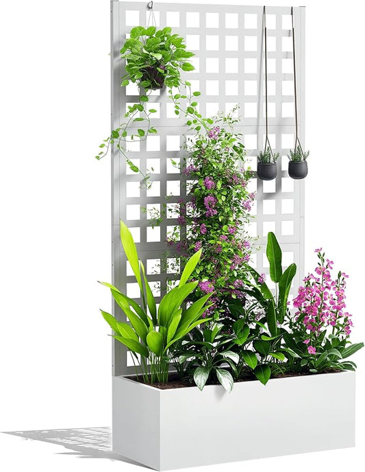 Outsunny Galvanized Raised Garden Bed with Trellis, Metal Planter Box with Drainage Holes, Outdoor Privacy Screen for Climbing Plants, Vegetable, Vines, 35" x 16" x 70", White
