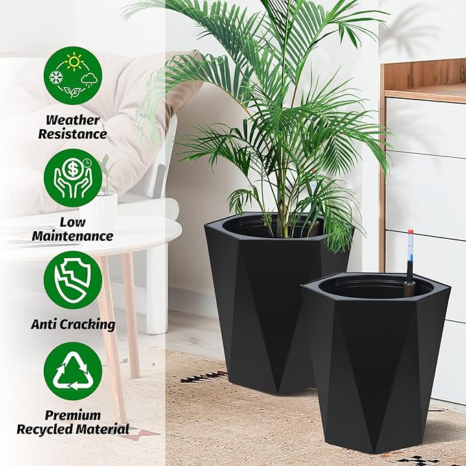 GarveeLife 16 in Tall Diamond Planters Set of 2, Self Watering Planters with Water Level Monitor, Flower Pots Outdoor and Indoor for Patio, Porch, Living Room, Home Office, Black