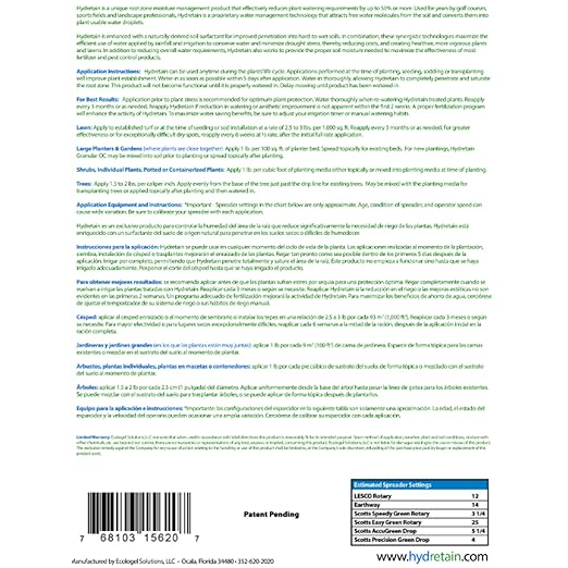 Hydretain Root Zone Moisture Manager - Drought Protection and Moisture Control for Lawns, Gardens, Containers - Reduces Watering, Delays Wilt - Covers up to 6,000 Sq Ft (15 lbs, Granule)