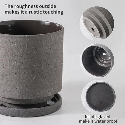 Nihow 5.7 Inch Plant Pot, Ceramic Pots for Plants with Drainage Hole and Saucer, Plant Pots Indoor for Home Garden Patio Office, Cylinder Planters for Indoor Plants, Charcoal Gray