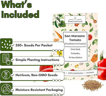 San Marzano Tomato Seeds for Planting - Non-GMO, Heirloom Tomato Seeds, Indeterminate Sauce Tomato Variety for Home Vegetable Gardens | Woods Creek Seeds