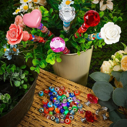 Tigeen 236 Pcs Garden Stake DIY Fairy Wand Plant Stake with 12 Colorful Crystal Stopper Top 12 Threaded Rod with 200 Large Hole Bead for Spring Summer Holiday Outdoor Decorations(Ceramic Rose Heart)
