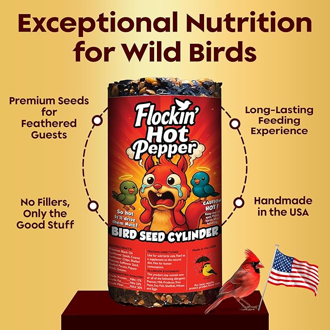 Hot Pepper Bird Seed Cylinders with Hole – Squirrel Proof Bird Seed Spicy – Perfect for Cardinals, Woodpeckers, Finches, Blue Jay & More – Wild Birdseed with No Filler – USA Made (6" x 7.75")