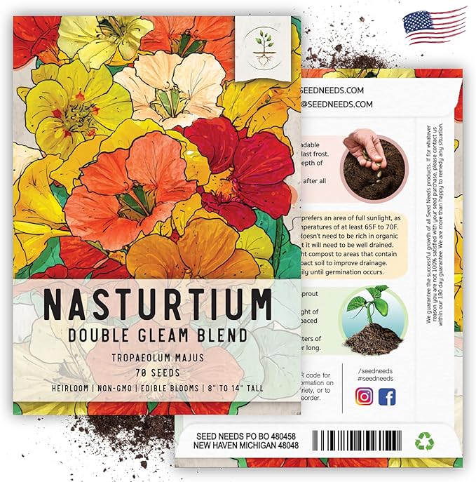 Seed Needs Nasturtium Seeds for Planting Double Gleam Nasturtiums - Non-GMO Heirloom & Untreated Flower Seed to Plant and Grow a Home Grown Edible Wildflower Garden