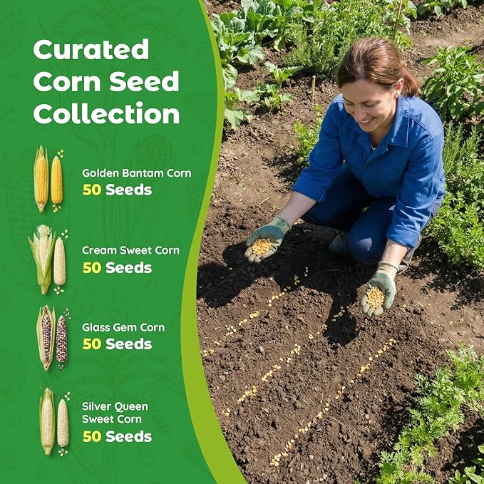 4 Corn Seeds Variety Pack - 200+ Non-GMO & Heirloom Corn Seeds for Planting Outdoor, Includes Sweet Corn, Golden Bantam,Silver Queen & Glass Gem Corn, Perfect Home Garden Gift for Beginners, Mom, Her