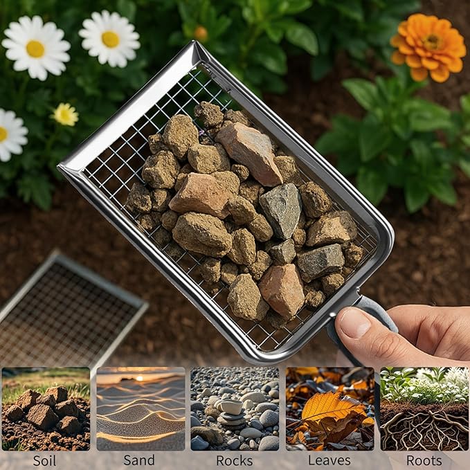 2 PCS 2-in-1 Gardening Soil Sifter Set with 2/2.8mm Mesh, Garden Sieve & Shovel Sifter Screen Potting Scoop for Sand, Dirt, Rock Compost, Stainless Steel & Ergonomic Handle