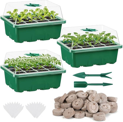 Apipi 3 Pack Seed Starter Kit with 36 Coco Coir Pellets - 36 Cell Seed Starter Trays with Domes for Indoor Greenhouse Germination, Home Gardening System for Vegetables/Herbs/Flowers