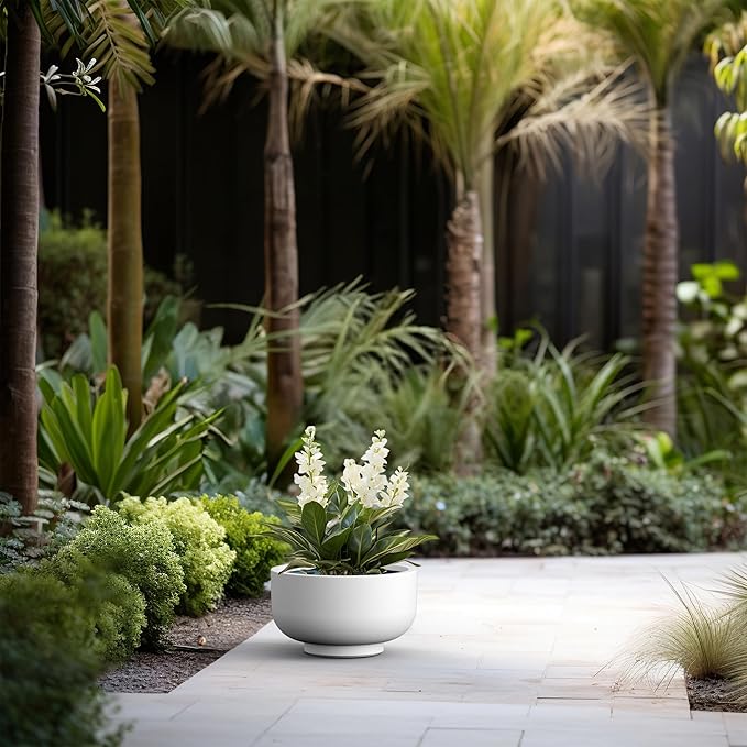 Kante 13.8 Inch Dia Concrete Bowl Planter, Large Tapered Bottom Plant Pot with Drainage, Smooth White Finish with Painted Interior, Ideal for Porch, Home, Garden, Patio