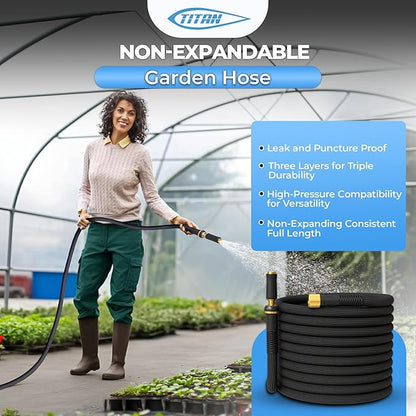 TITAN Garden Hose | Flexible, Lightweight, Kink-Free & Durable Hybrid Water Hose with Heavy Duty Brass Connectors & High-Pressure Jet Nozzle (25FT x 1/2”)