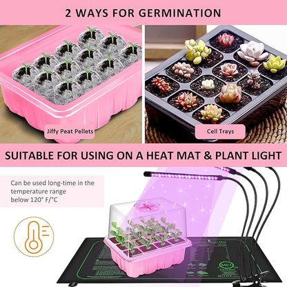 YAUNGEL Seed Starting Trays, 10 Pack 120 Cells Thicken Seed Starter Tray Kit with Humidity Dome/Heightened Lids Durable Growing Trays for Greenhouse & Gardens, Pink