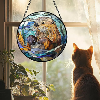 Stained Glass Suncatcher, Blue Ocean Cute Sea Otter Sun Catcher Stain Glass Window Hanging Decoration Mother's Day Birthday Gifts for Women Men Mom Nana 9.8 in