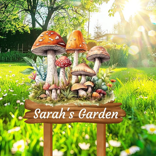 Custom Mushroom Garden Sign with Stakes, Personalized Metal Mushroom Garden Stake Sign, Colorful Mushroom Vintage Art Garden Name Sign Outdoor Yard Art Address Sign Garden Decor for Outside