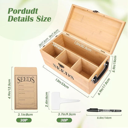 Luxiv Bamboo Seed Saving Box, Wood Seed Storage Organizer Box Large Seed Container with Lid Wood Garden Seed Bin with Lock, 3 Handle, 30P Envelope Seed Bags, 30P Plant Tags, 1 Double Side Pen