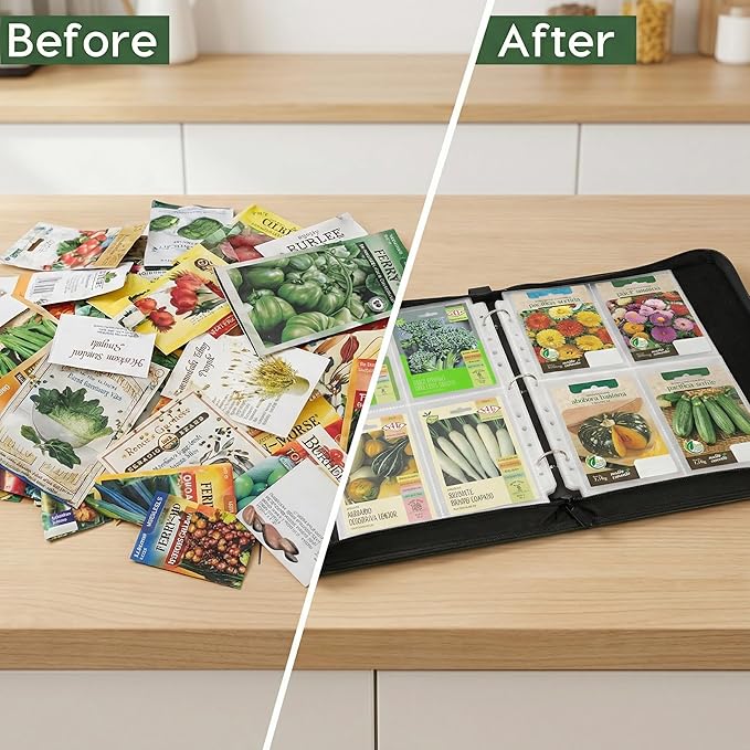 Zippered Seed Storage Organizer Binder with Handle, Gardening Seed Saving Kit, Holds 120+ Seed Envelopes, Fit Flower, Plant and Vegetable for Seed Packets (Upgraded Version)