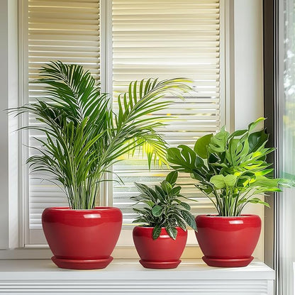 Ceramic Plant Pots, 10+8+6 Inch Ceramic Planters with Drainage Holes and Saucers, Round Decorative Pots for Plants Indoor Outdoor, House Decor, Gifts for Plant Lovers, Set of 3, Bright Red