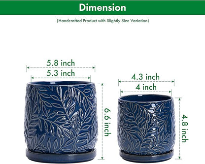 D'vine Dev Embossed Leaves Design 4 Inch & 6 Inch Stoneware Planter Pot with Drainage Hole and Saucer, Blue, 27-B-U-3