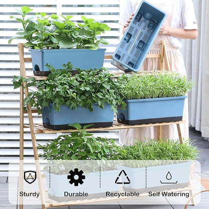 Window Box Planter 8 Pcs, 17 Inches Rectangle Flower Pots with Drainage Holes and Trays, Vegetable Planters for Windowsill Patio Garden Balcony Home Porch Yard Indoor Outdoor (Blue)