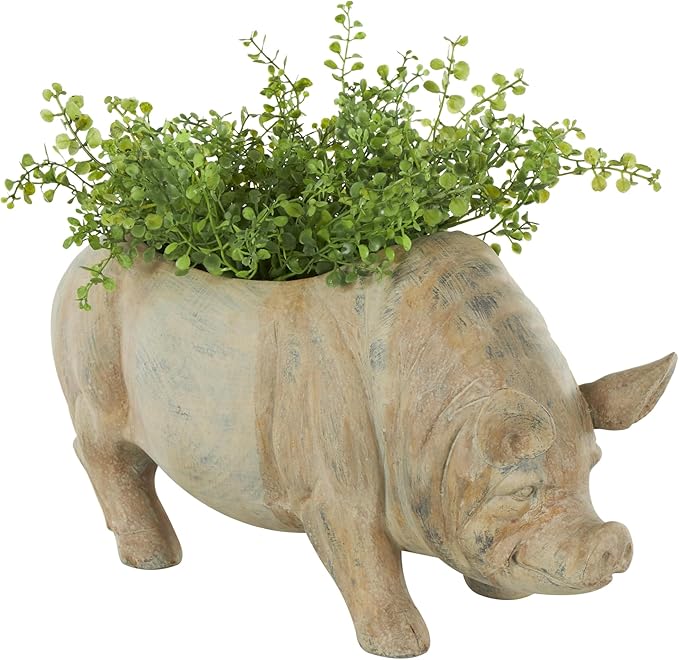 Deco 79 Resin Pig Indoor Outdoor Planter Small Planter Pot with Distressed Details, Planter 16" x 7" x 8", Beige