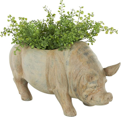 Deco 79 Resin Pig Indoor Outdoor Planter Small Planter Pot with Distressed Details, Planter 16" x 7" x 8", Beige