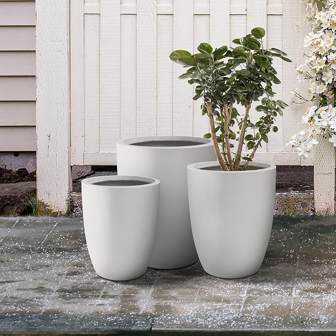 Kante 18.1",20.5",22.4" H Tall Round Concrete Planters Set of 3, Outdoor Indoor Modern Decorative Plant Pots with Drainage Hole & Rubber Plug for Home & Garden Pure White