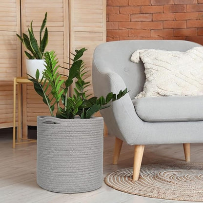 Cotton Rope Plant Basket, Woven Baskets Planter for 11 inch Pot, Round Indoor Tree Pot Cover, Storage Bin Organizer, Modern Basket for Plants and Home Decor, 12.5”X12.5”, Gray