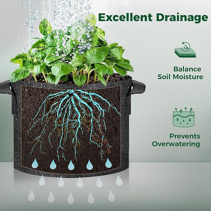 T4U 25 Gallon Grow Bags, Upgrade Grow Bags with Handles, Heavy Duty Thickened Nonwoven Fabric Pots, 25 Gallon Pots for Plants, Pumpkin, Butternut Squash, Grape (5 Pack 25 Gal)