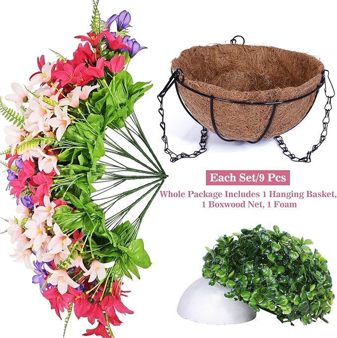 Faux Hanging Plants Flowers Basket Hyacinth & Boston Ferns for Outdoor Outside Spring Summer Decoration, UV Resistant Colorful Fake Silk Flower Hanging Planter for Porch Home Patio Balcony Yard Decor