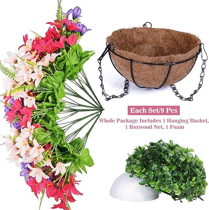 Faux Hanging Plants Flowers Basket Hyacinth & Boston Ferns for Outdoor Outside Spring Summer Decoration, UV Resistant Colorful Fake Silk Flower Hanging Planter for Porch Home Patio Balcony Yard Decor