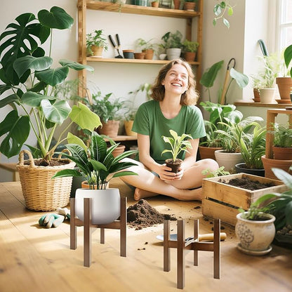 Natural Bamboo Plant Stand Indoor, Adjustable Plant Shelf Indoor Fits 8-12 Inch Pots, Mid Century Modern Decor to Refresh Your Space(Pot & Plant Not Included)