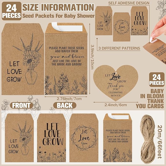 24 Sets Wedding Favor Flower Seeds Let Love Grow Seed Packets for Guests Family Reunion Wildflower Mini Terracotta Pots Seed Packets Self Adhesive Envelopes Thank You Tags Organza Bags