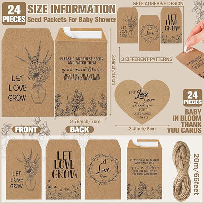 24 Sets Wedding Favor Flower Seeds Let Love Grow Seed Packets for Guests Family Reunion Wildflower Mini Terracotta Pots Seed Packets Self Adhesive Envelopes Thank You Tags Organza Bags