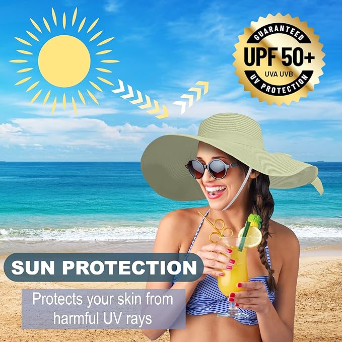 Women's Wide Brim UPF 50+ Straw Sun Hat with Bow - Foldable Packable Summer Beach Hat with Chin Strap